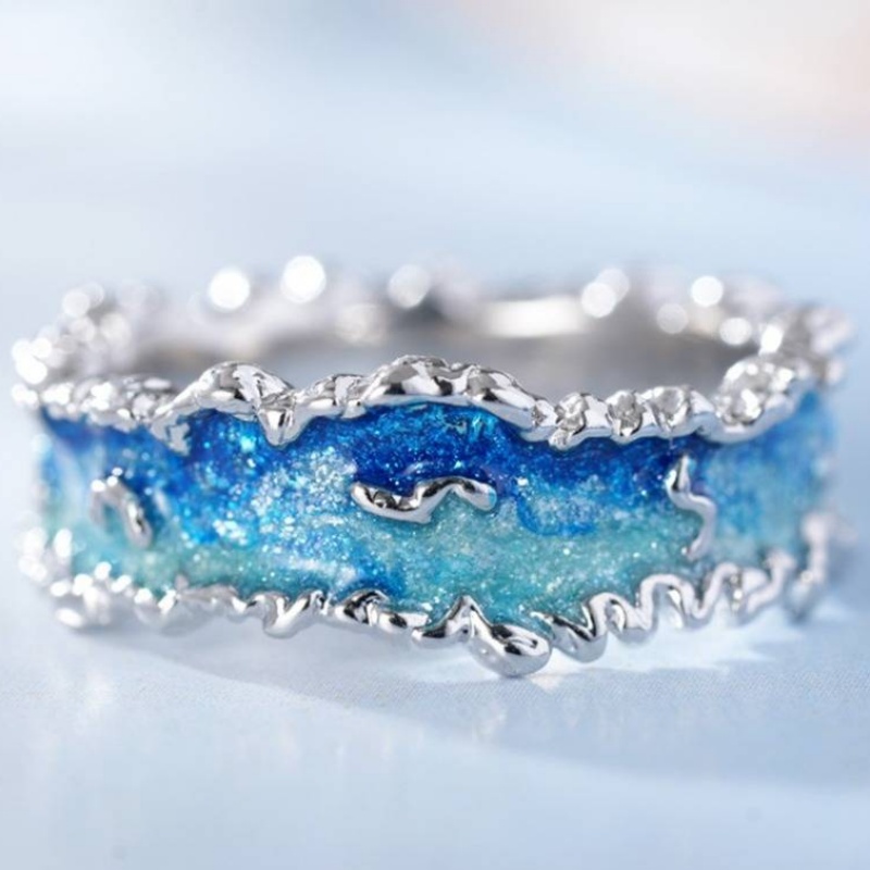 Women's Ocean Wave Blue Enamel Ring, Statement Jewelry